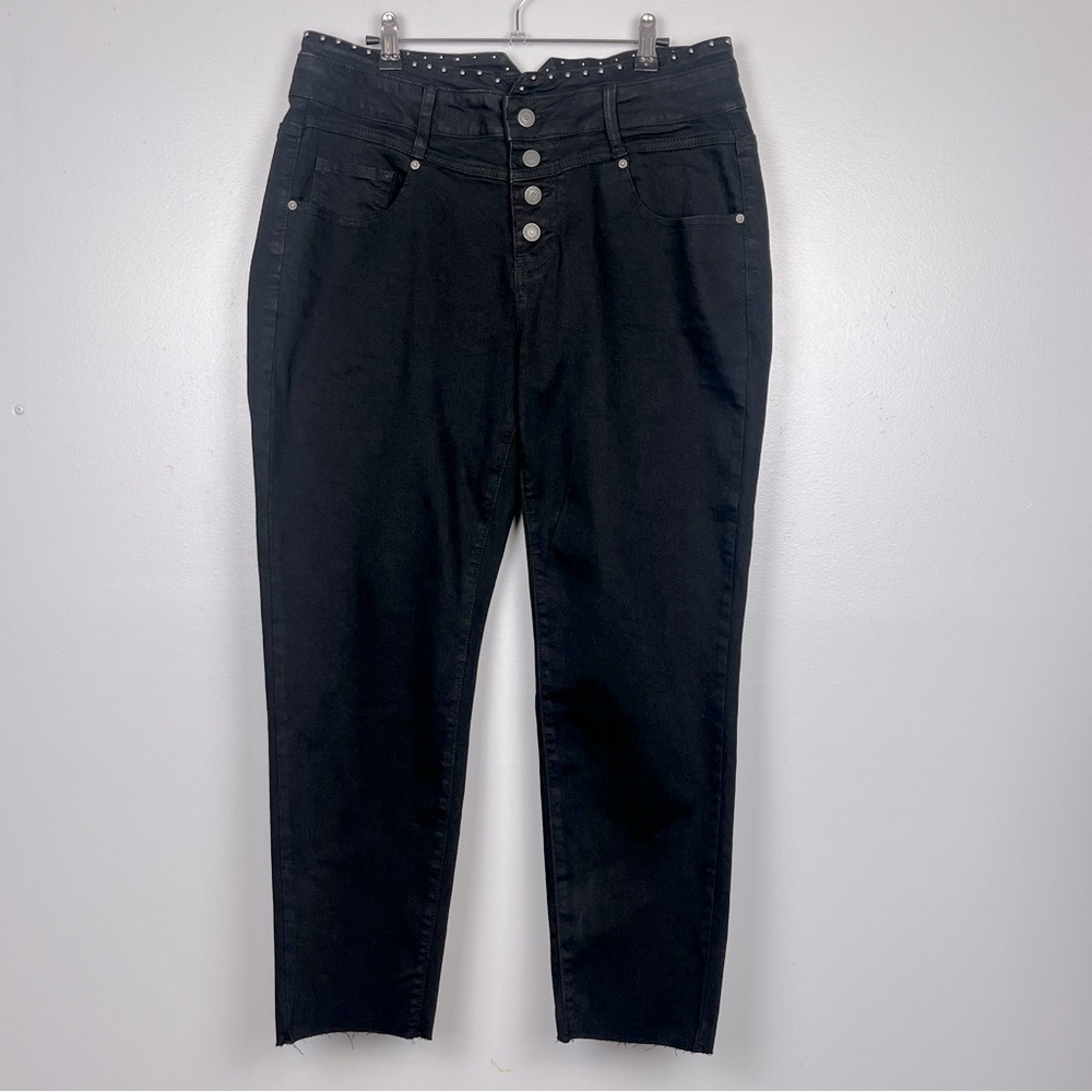 Satin Doll black button fly studded waist raw hem jeans, size 16.